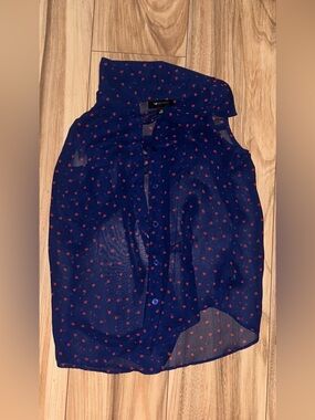 AB Studio Navy Sheer Sleeveless Blouse with Red Heart Print